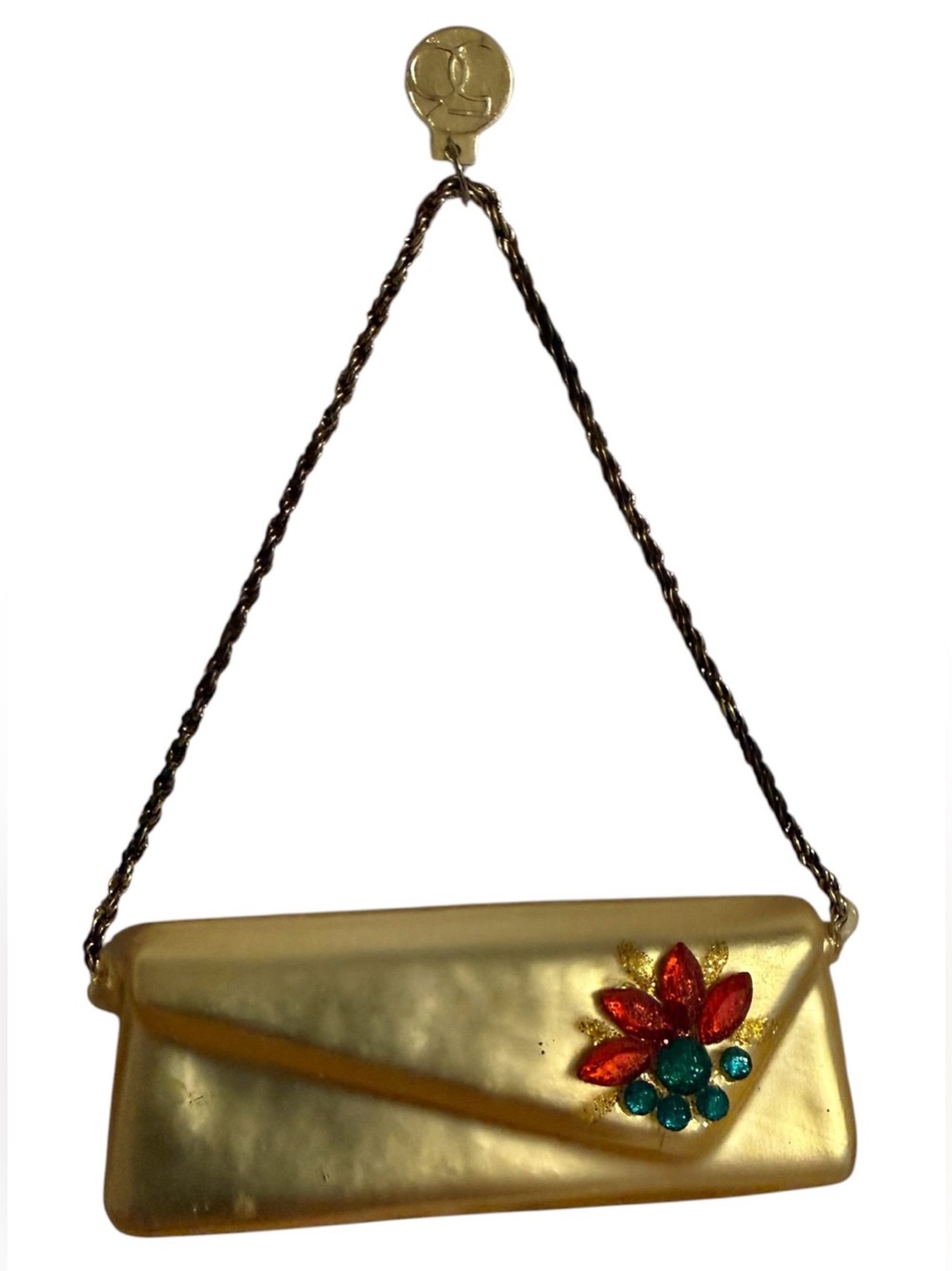 Vintage Dept 56 Gold Clutch Purse Christmas Ornament w/Jeweled Poinsettia